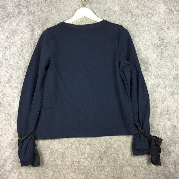 J Crew Sweater S Navy Blue Solid Crewneck Tie Ribbon Cuffs Casual Sweatshirt - Picture 8 of 9